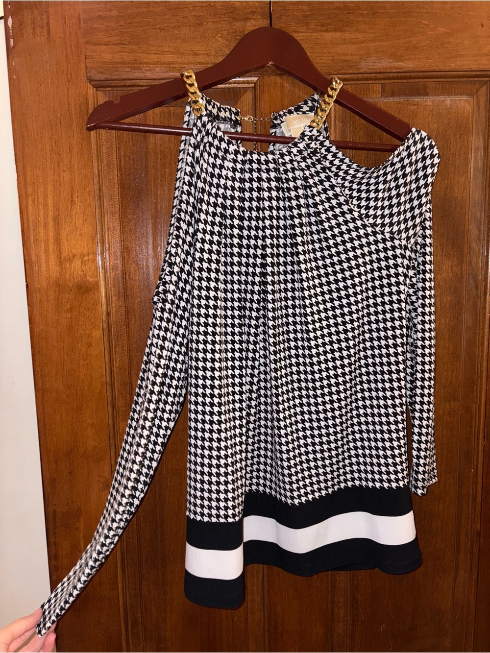 Houndstooth One-Shoulder Top with Gold Chain Straps - Black & White